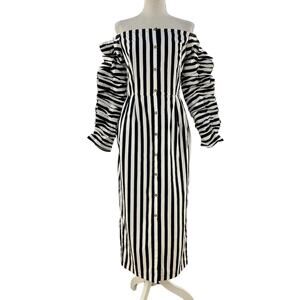 Anna October Off the Shoulder Stripe Dress Black White Midi Ruffle Sleeves